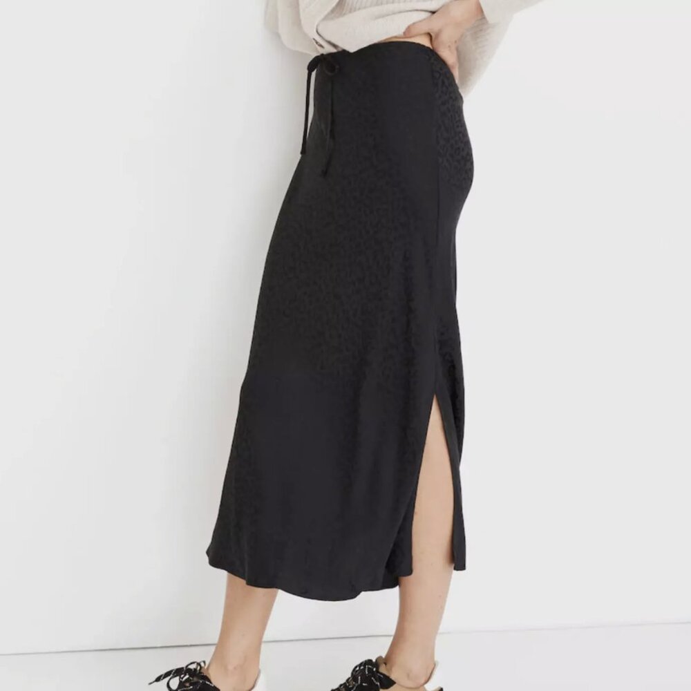 Madewell Black Leopard Jacquard Drawstring Midi Slip Skirt